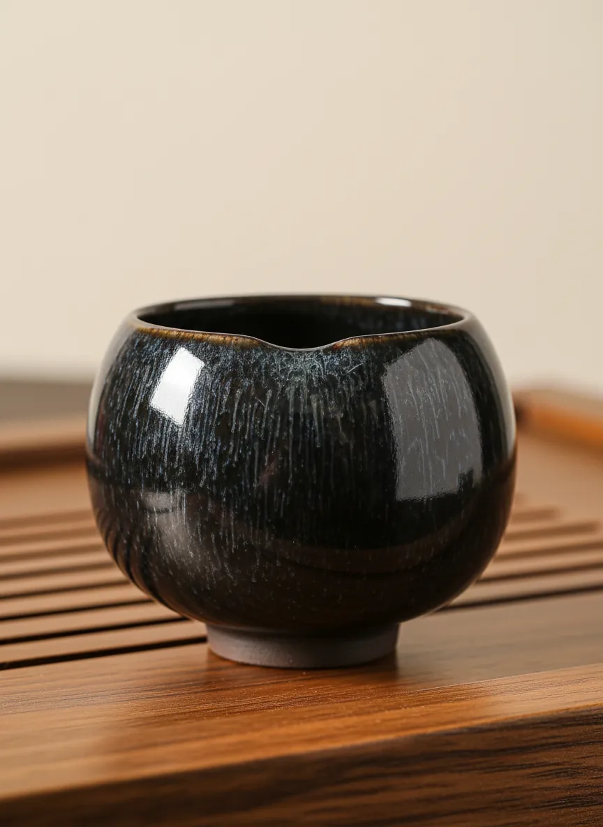 Handmade Lian Kou Jian Zhan tea cup featuring silver hares fur glaze pattern with inward-curving rim on wooden tea tray