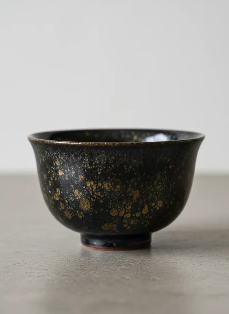 Jian Zhan Shape Classification: Lian Kou 3 Side profile of Lian Kou Jian Zhan tea cup showing inward-tapered rim and oil spot glaze pattern with golden droplets on black ceramic
