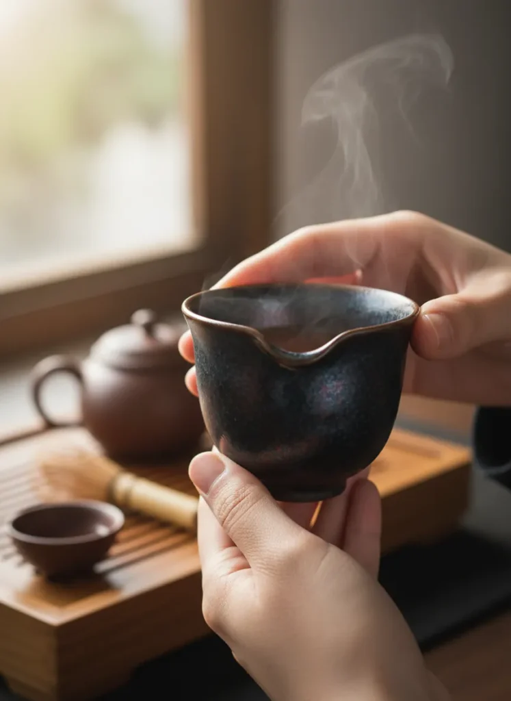 Jian Zhan Shape Classification: Lian Kou 4 Tea drinker holding a Lian Kou Jian Zhan cup during gongfu tea session with steam rising from oolong tea showing the inward rim design