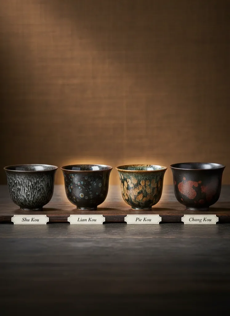 Jian Zhan Shape Classification: Lian Kou 5 Comparison of four Jian Zhan tea cup shapes: Shu Kou constricted, Lian Kou slightly constricted, Pie Kou flared, and Chang Kou open, showing rim differences