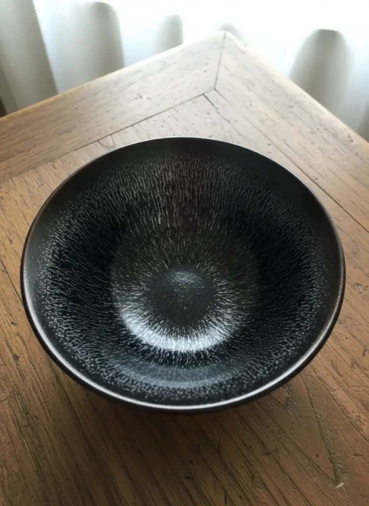 Jian Zhan Shape Classification: Pie Kou 2 Traditional Pie Kou flared-rim Jian Zhan tea bowl featuring silver hare's fur glaze pattern, viewed from above showing the wide opening