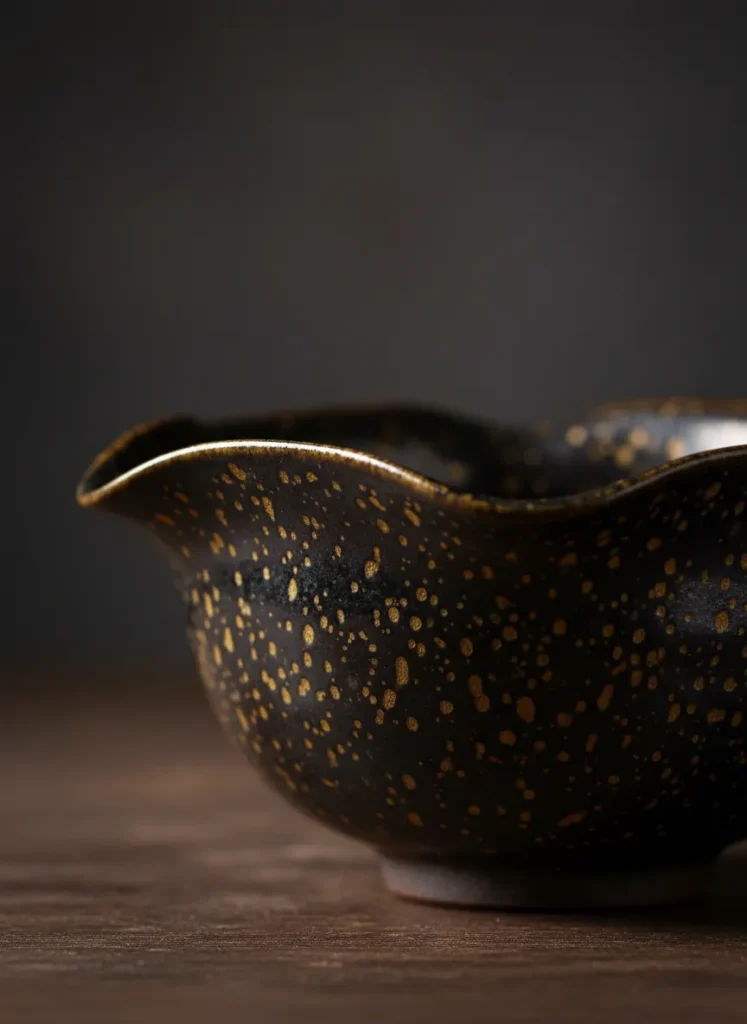 Jian Zhan Shape Classification: Pie Kou 3 Side profile of a Pie Kou Jian Zhan tenmoku tea bowl with golden oil spot glaze, clearly showing the outward-curving flared rim shape