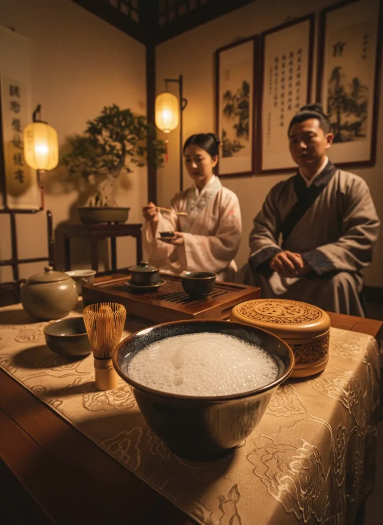 Jian Zhan Shape Classification: Pie Kou 5 Song Dynasty style dian cha tea ceremony using a Pie Kou Jian Zhan bowl with white whisked tea foam visible in the wide flared opening