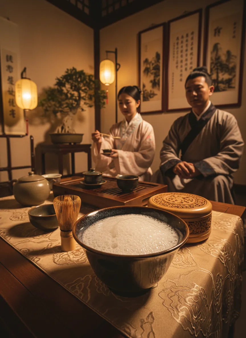 Song Dynasty style dian cha tea ceremony using a Pie Kou Jian Zhan bowl with white whisked tea foam visible in the wide flared opening