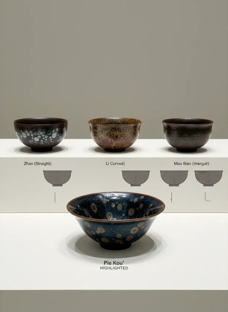 Jian Zhan Shape Classification: Pie Kou 4 Four Jian Zhan tea bowl shapes compared side by side including Pie Kou flared rim, Shu Kou constrained rim, Chang Kou open rim, and Lian Kou lotus rim