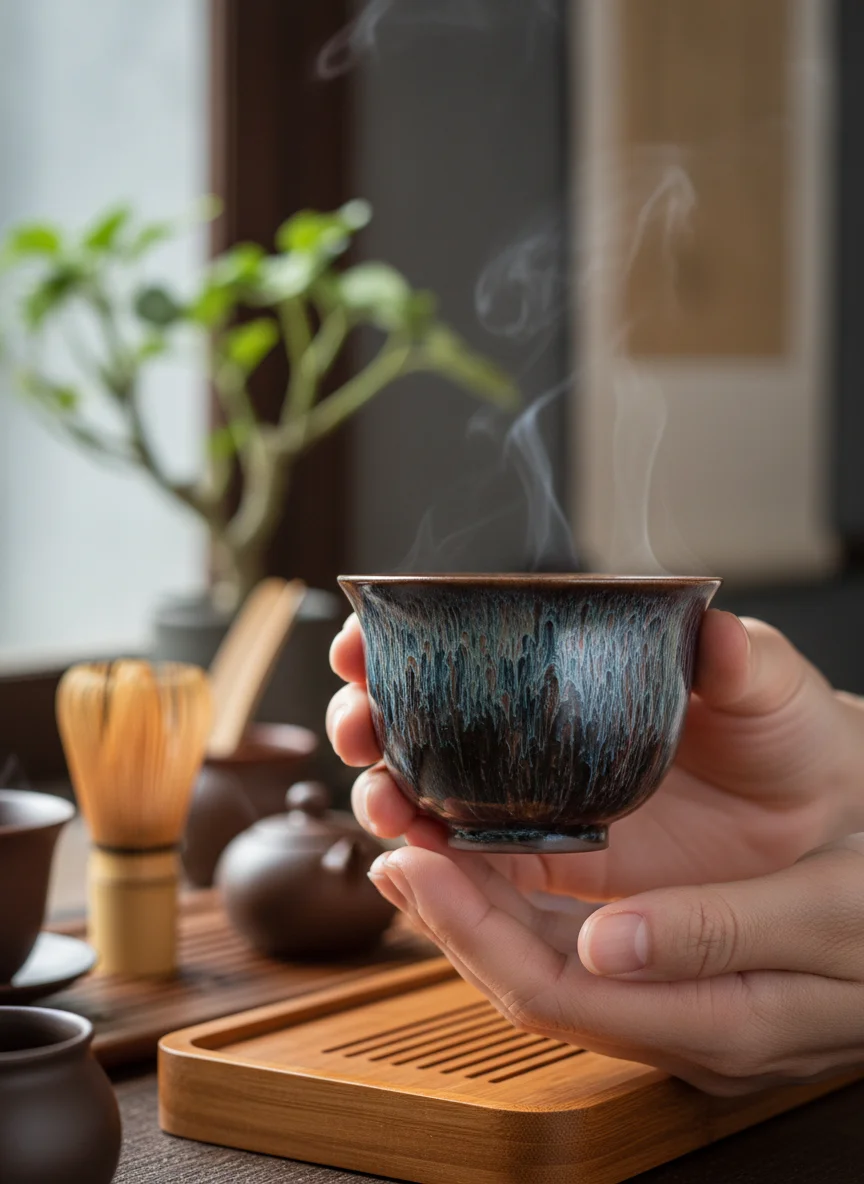 Hands holding Jian Zhan tea cup during gongfu ceremony