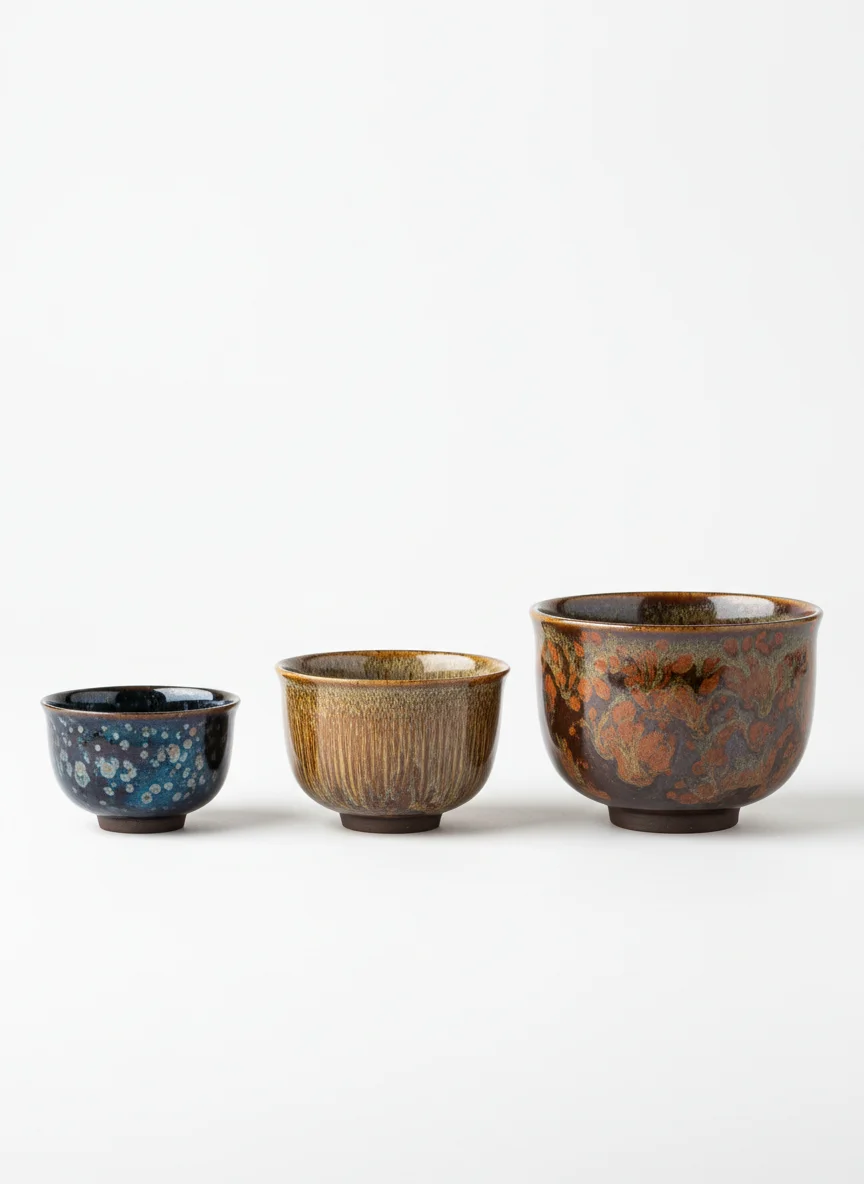 Three Jian Zhan cups in small medium large sizes side by side