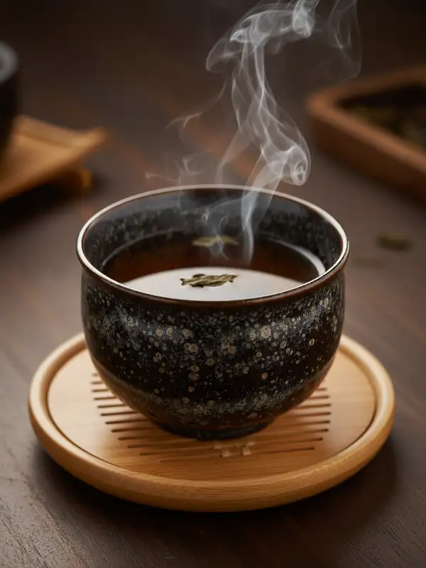Tenmoku tea cup with oil-spot glaze and hot oolong tea