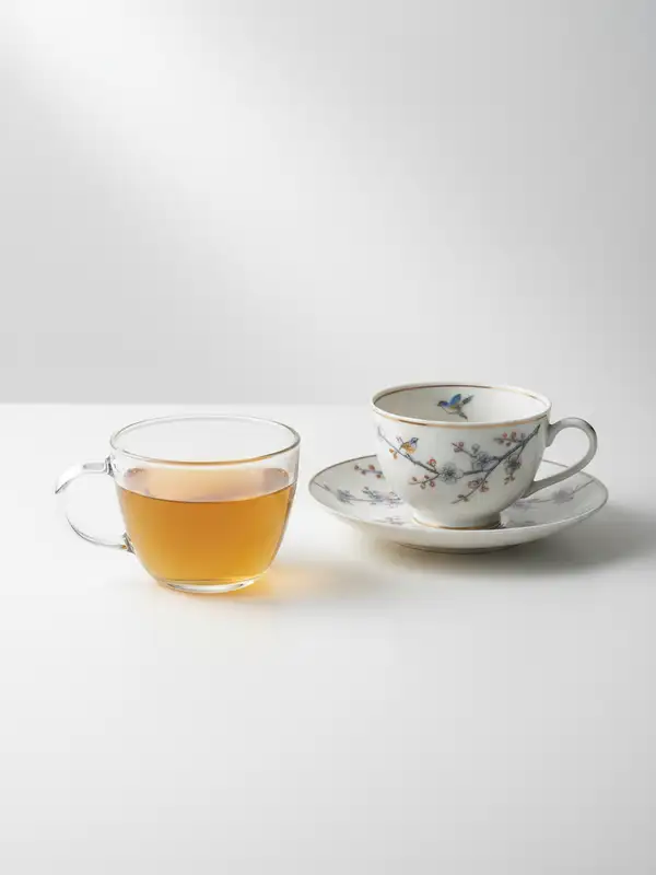 Ceramic and glass teacup comparison on minimalist background