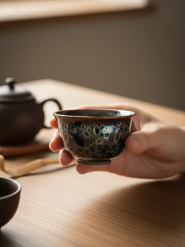 Small tenmoku cup in small hand Small tenmoku tea cup held in delicate hand showing ergonomic fit