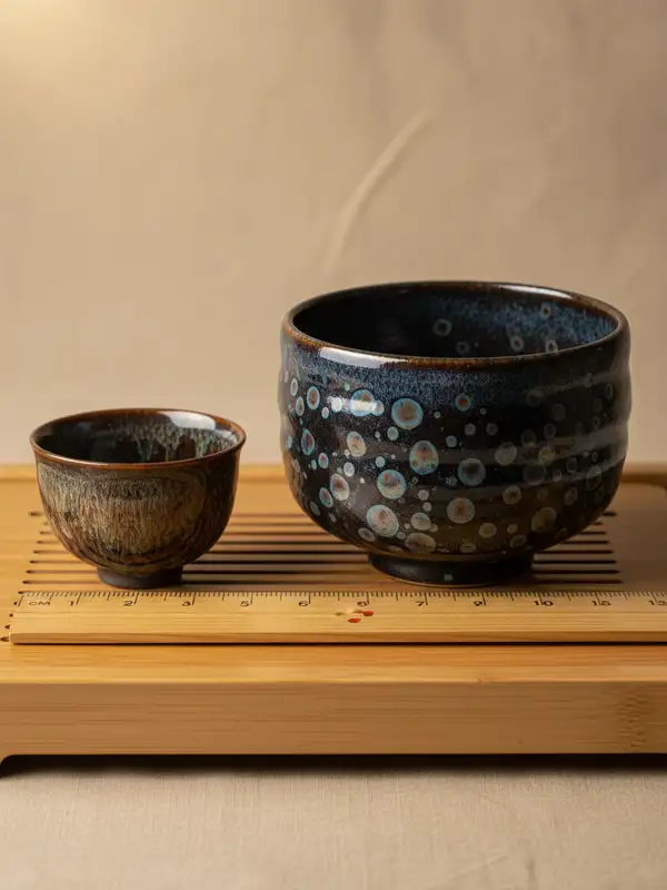 Small vs large teacup size comparison Side by side comparison of small gongfu teacup and large matcha bowl with ruler