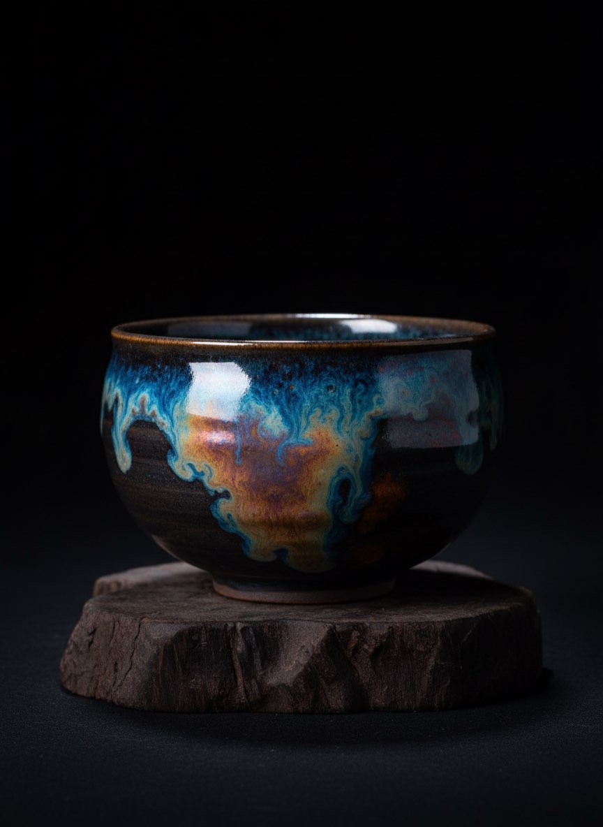 Tenmoku Glaze Pattern 3 Tenmoku yao bian glaze tea cup displaying iridescent blue and gold color shift