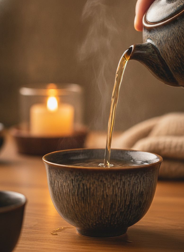 Tenmoku hare's fur cup being poured with golden oolong tea steam rising