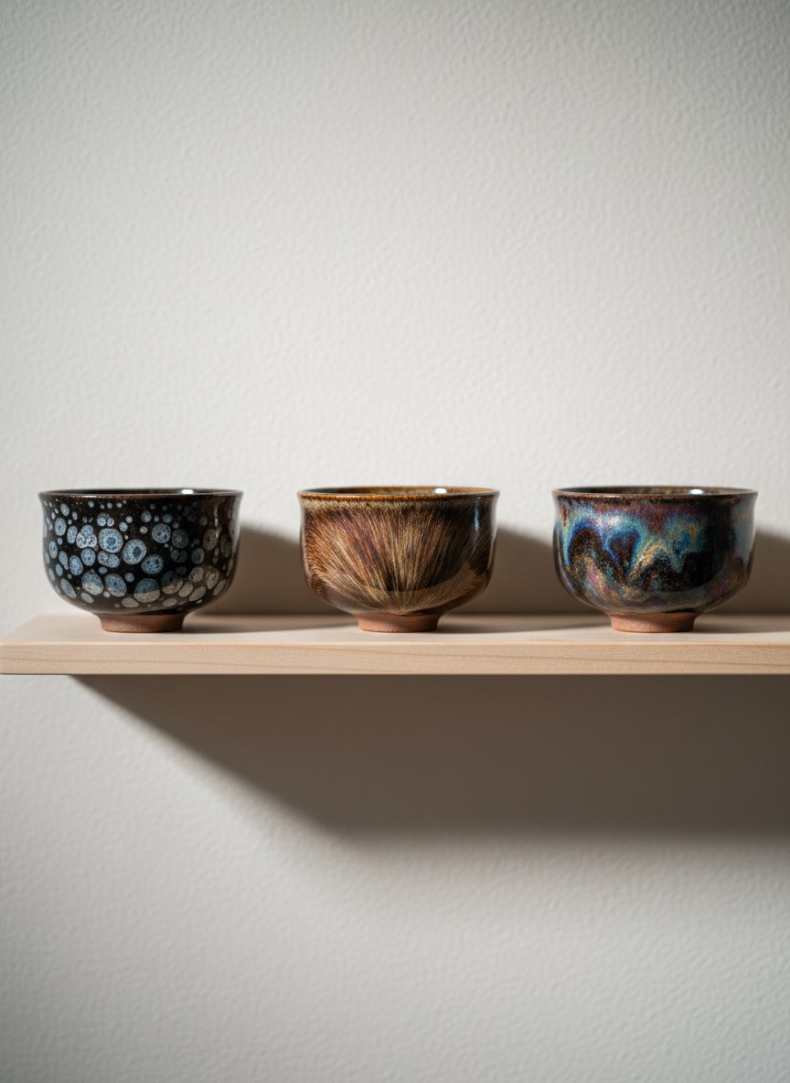 Three tenmoku tea cups displayed — oil spot hare's fur and yao bian patterns