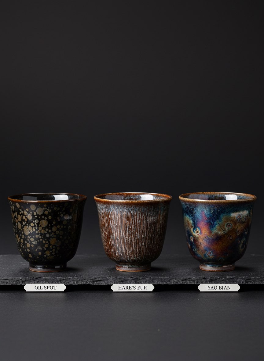 Tenmoku Teaware Guide 2 Three tenmoku cups comparison showing oil spot hare's fur and yao bian glaze patterns