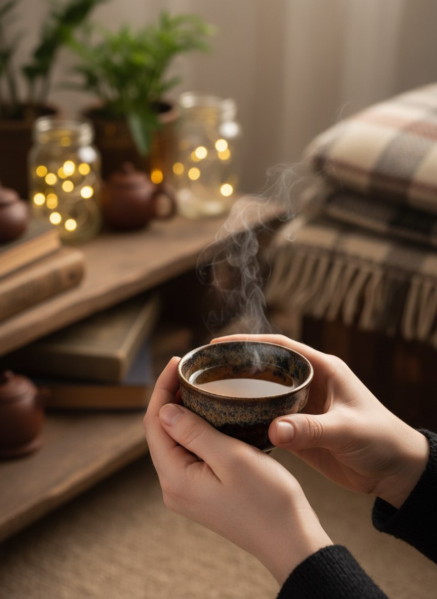 Tenmoku Teaware Guide 3 Beginner holding a tenmoku tea cup with warm tea in a cozy home tea corner