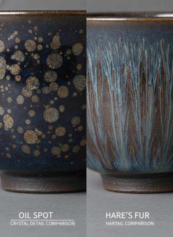 Jian Zhan Tea Cups Under 100 2 Side by side comparison of oil spot vs hare's fur glaze patterns on Jian Zhan tea cups