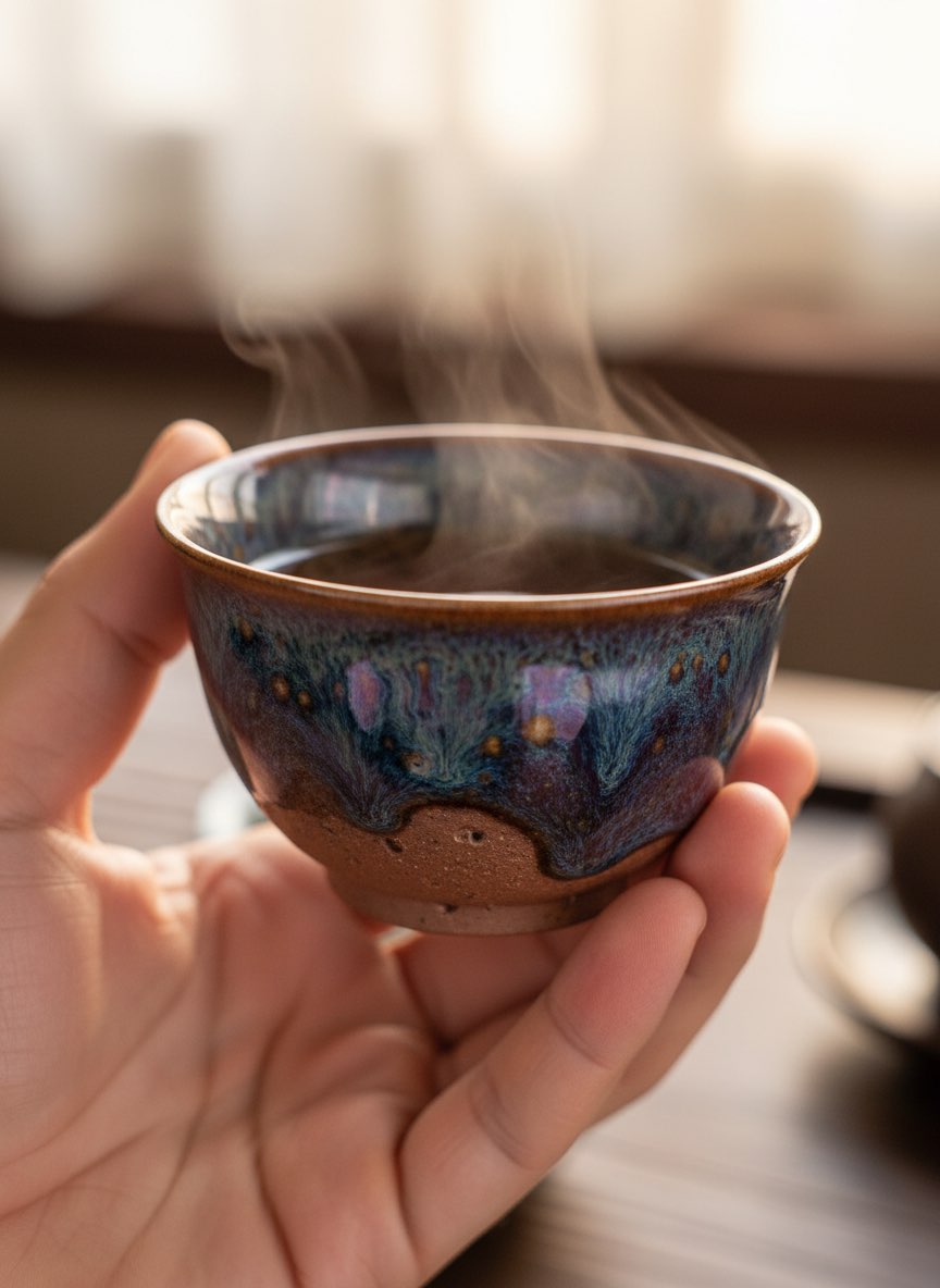 Jian Zhan Tea Cups Under 100 3 Hand holding Jian Zhan tea cup showing unglazed foot ring and authentic iron-rich clay detail
