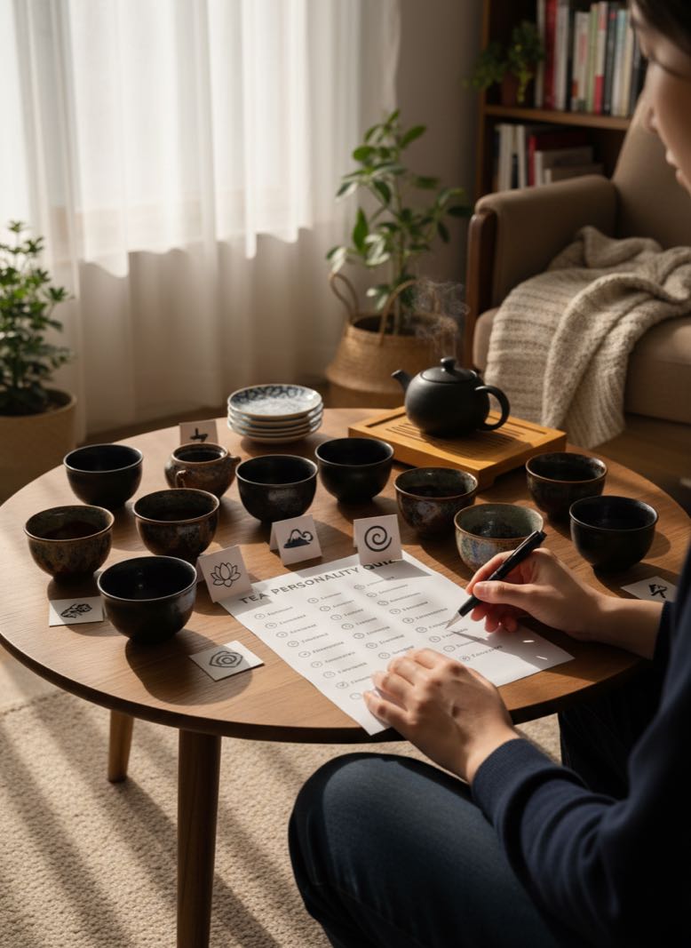 Interactive tea cup personality quiz concept with tenmoku cups on a cozy tea table