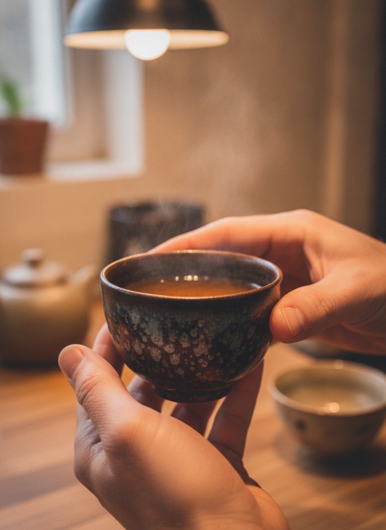 Hands holding oil spot tenmoku tea cup with tea inside in a daily ritual moment