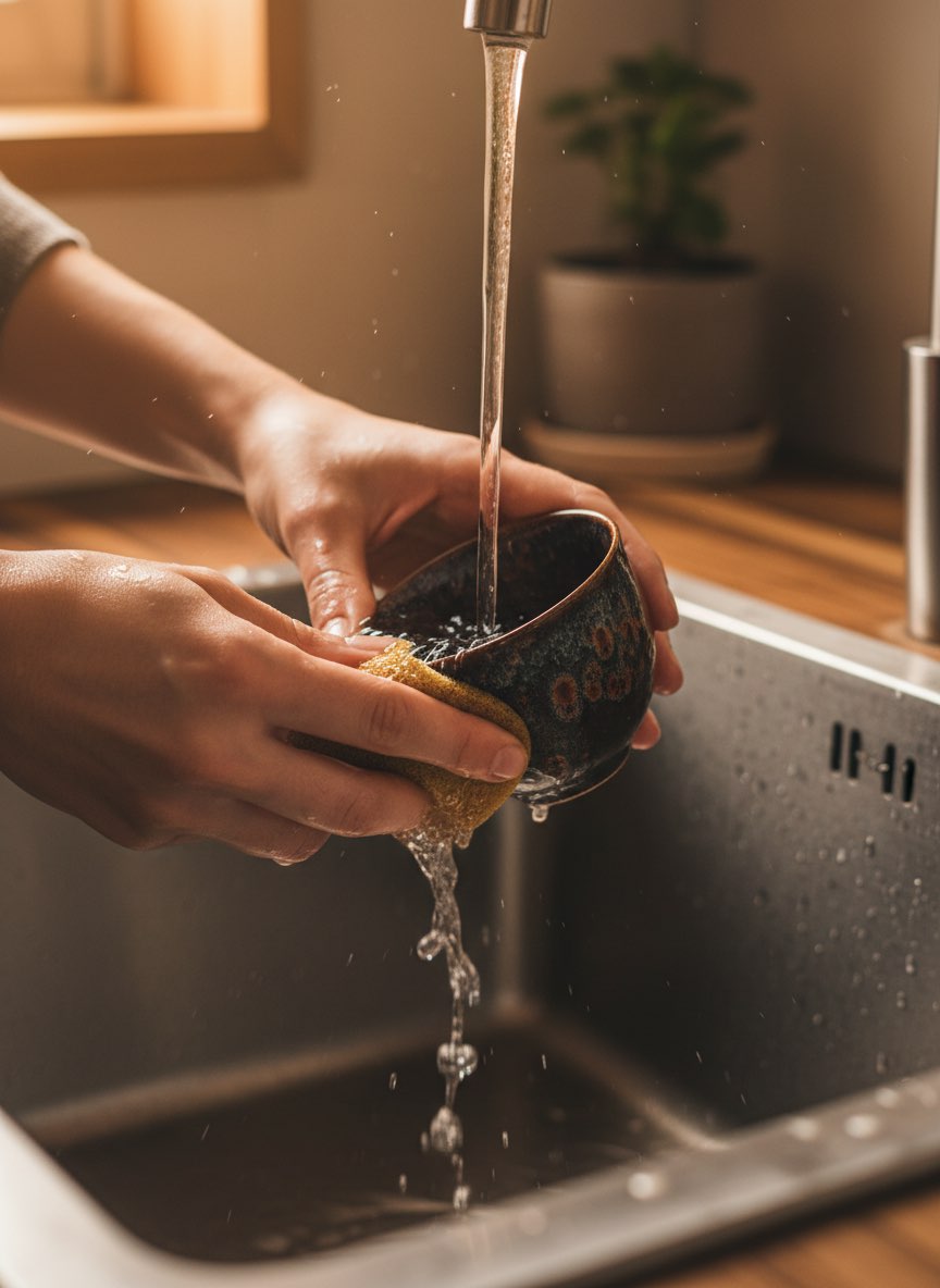Hands gently washing a tenmoku jian zhan tea cup under warm water