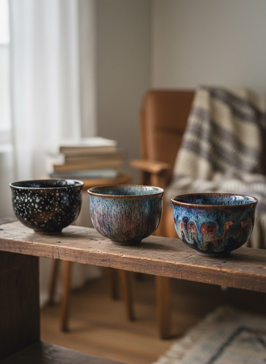 Three tenmoku tea cups with different glaze patterns displayed on a wooden shelf