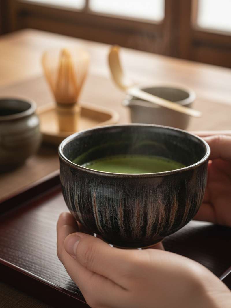 Tenmoku tea bowl with hare's fur glaze pattern and vertical silver streaks Tenmoku tea bowl with hare's fur glaze pattern and vertical silver streaks
