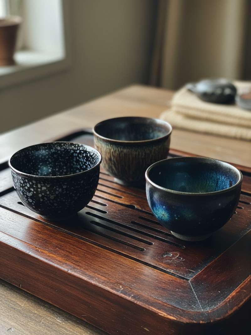 Collection of three tenmoku tea cups with different glaze patterns on wooden tray Collection of three tenmoku tea cups with different glaze patterns on wooden tray