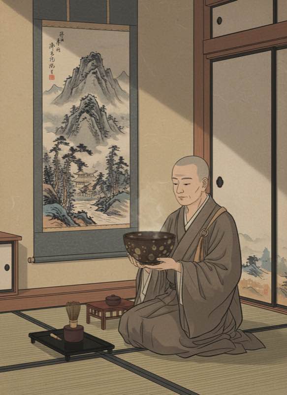 Japanese tea ceremony with tenmoku bowl on tatami