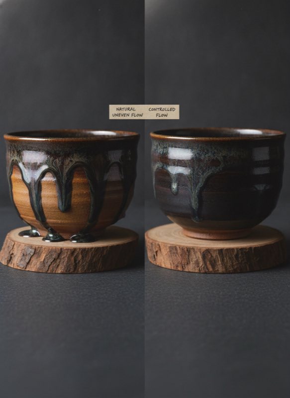 Glaze drip comparison on handmade tenmoku Glaze drip comparison handmade vs mass-produced tenmoku