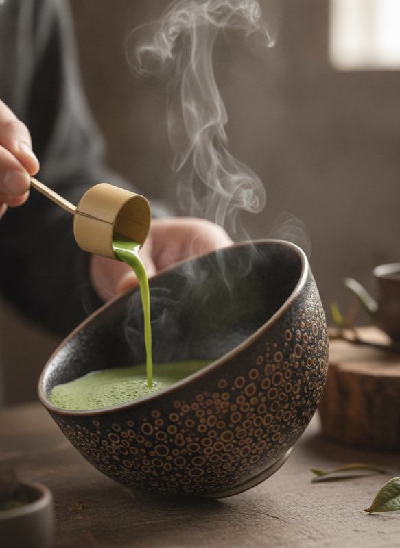 Tea ceremony pouring into tenmoku Pouring tea into tenmoku bowl at ceremony