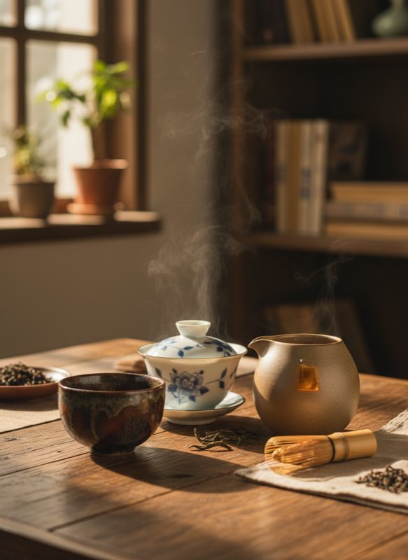 Tenmoku cup with gaiwan and fairness pitcher