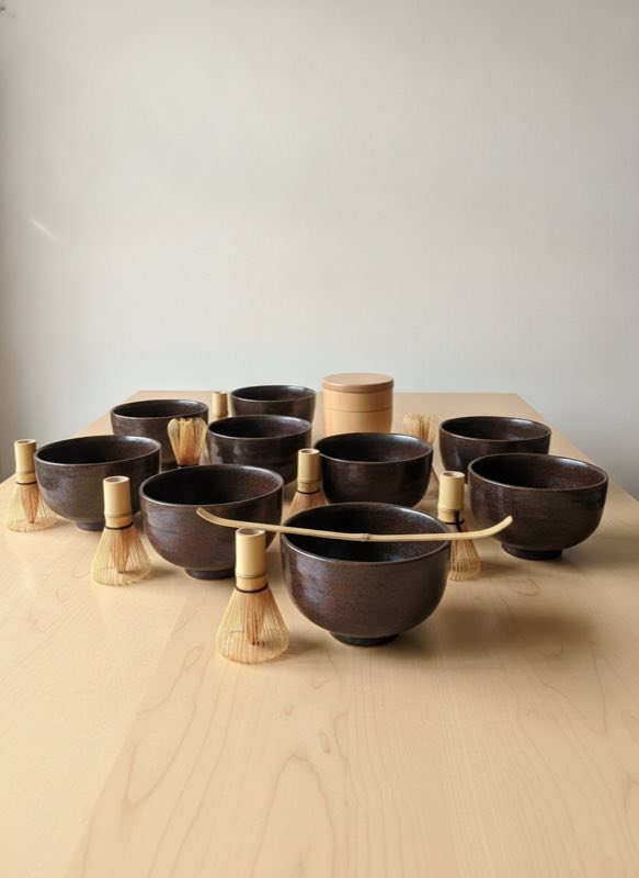 Matcha ceremony setup with tenmoku chawan