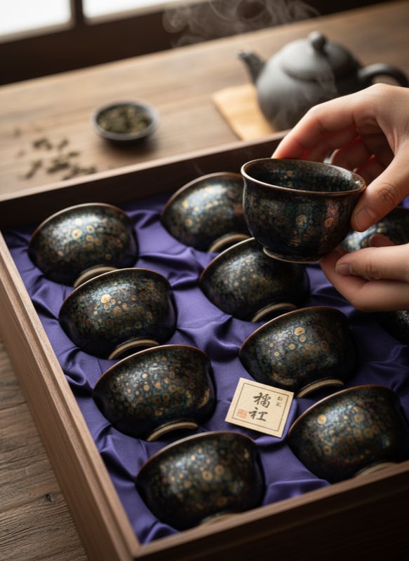 Unboxing tenmoku tea cup gift set dark glaze