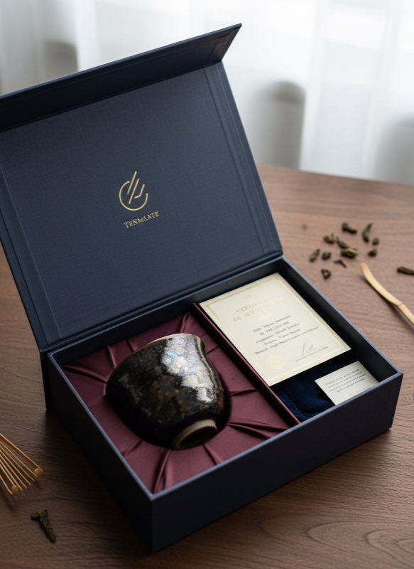 Gift-ready tenmoku packaging with certificate