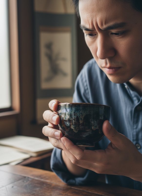 Two tenmoku cups with different glaze patterns for exchange