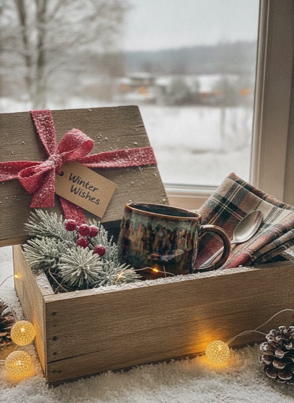 Holiday delivery box with tenmoku cup pine decoration