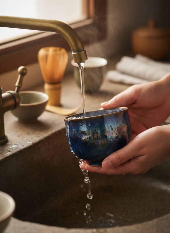 New tenmoku cup being washed with warm water