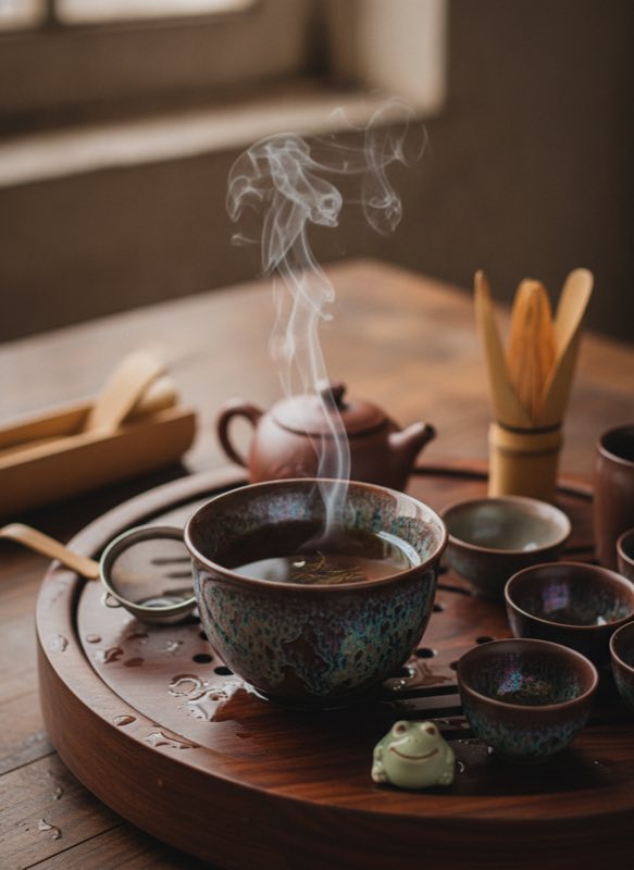 First tea brewed in new tenmoku cup with gongfu setup