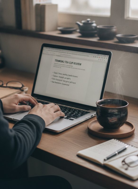 Writing a tenmoku review Person writing tenmoku tea cup review on laptop