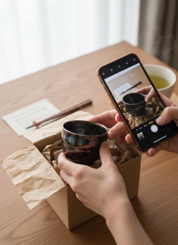 Unboxing for review photos Customer unboxing tenmoku cup with phone camera for review