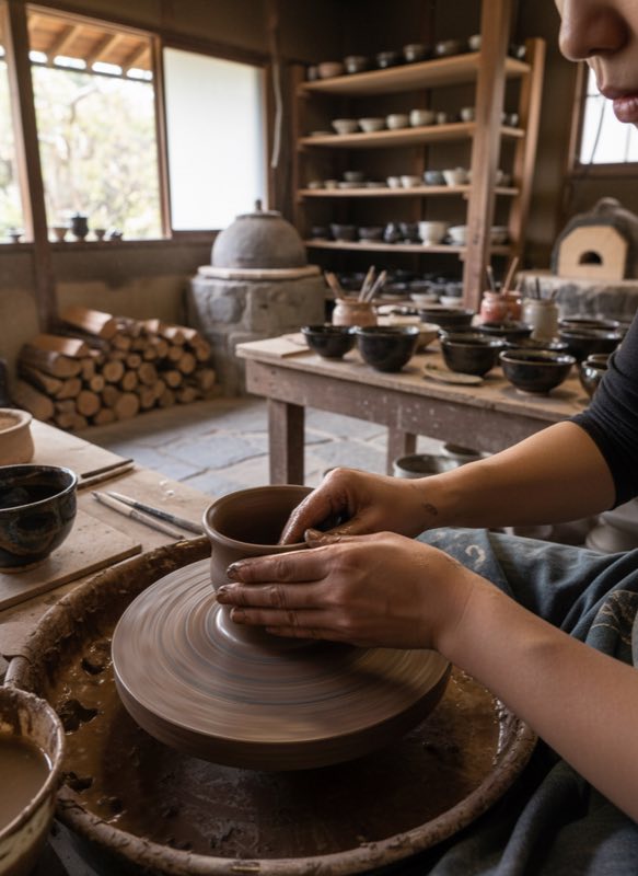 Handmade tenmoku production Artisan hand-throwing tenmoku cup on pottery wheel