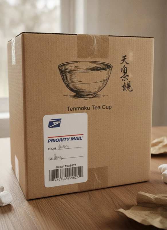 Tenmoku US shipping Tenmoku cup shipping box with USPS priority mail label