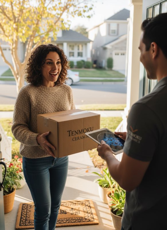 Tenmoku delivery arrival Person receiving tenmoku cup delivery at front door