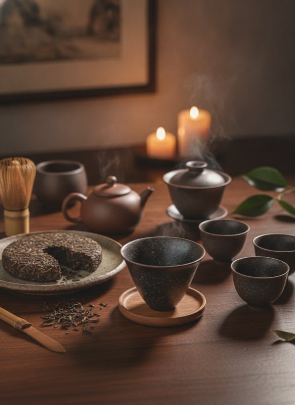 Gongfu brewing setup with tenmoku cup and pu-erh cake