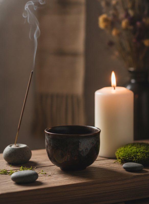 Tenmoku cup on meditation altar with candle and incense