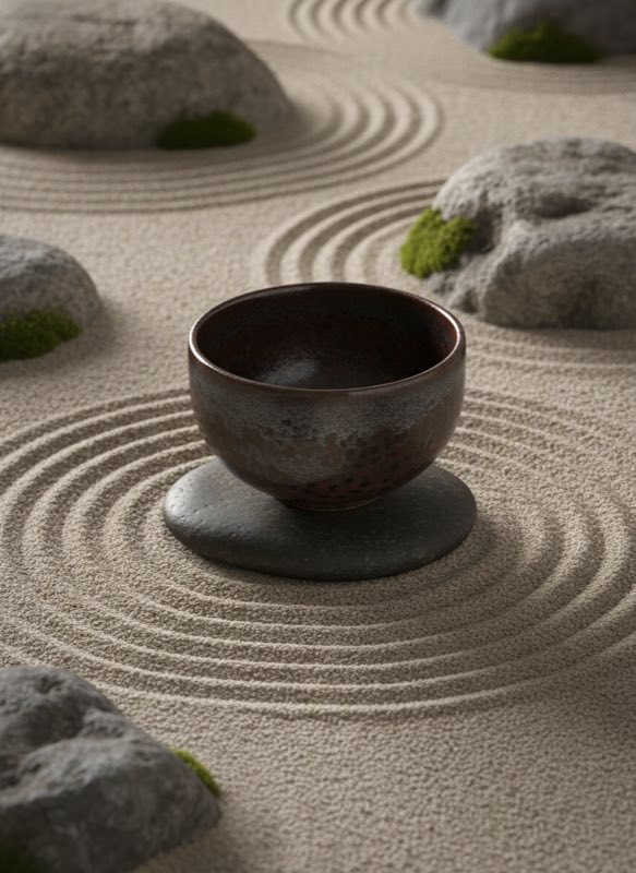 Tenmoku cup as mindfulness object with zen garden