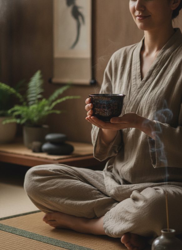 Tea meditation with tenmoku Person meditating with tenmoku tea cup in hands