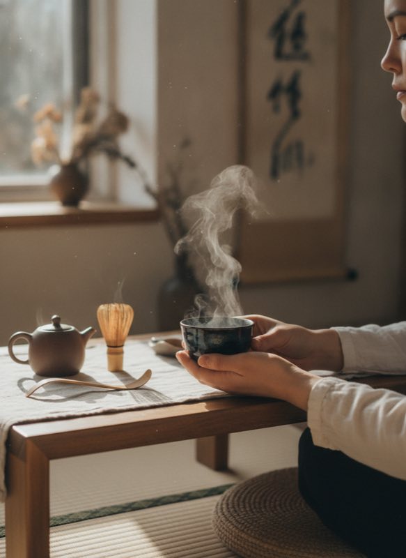 Tenmoku tea meditation session Tea meditation session with steam rising from tenmoku cup