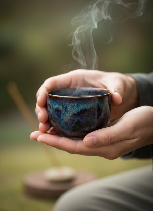 Mindful grip on tenmoku Close-up of hands holding warm tenmoku cup during meditation